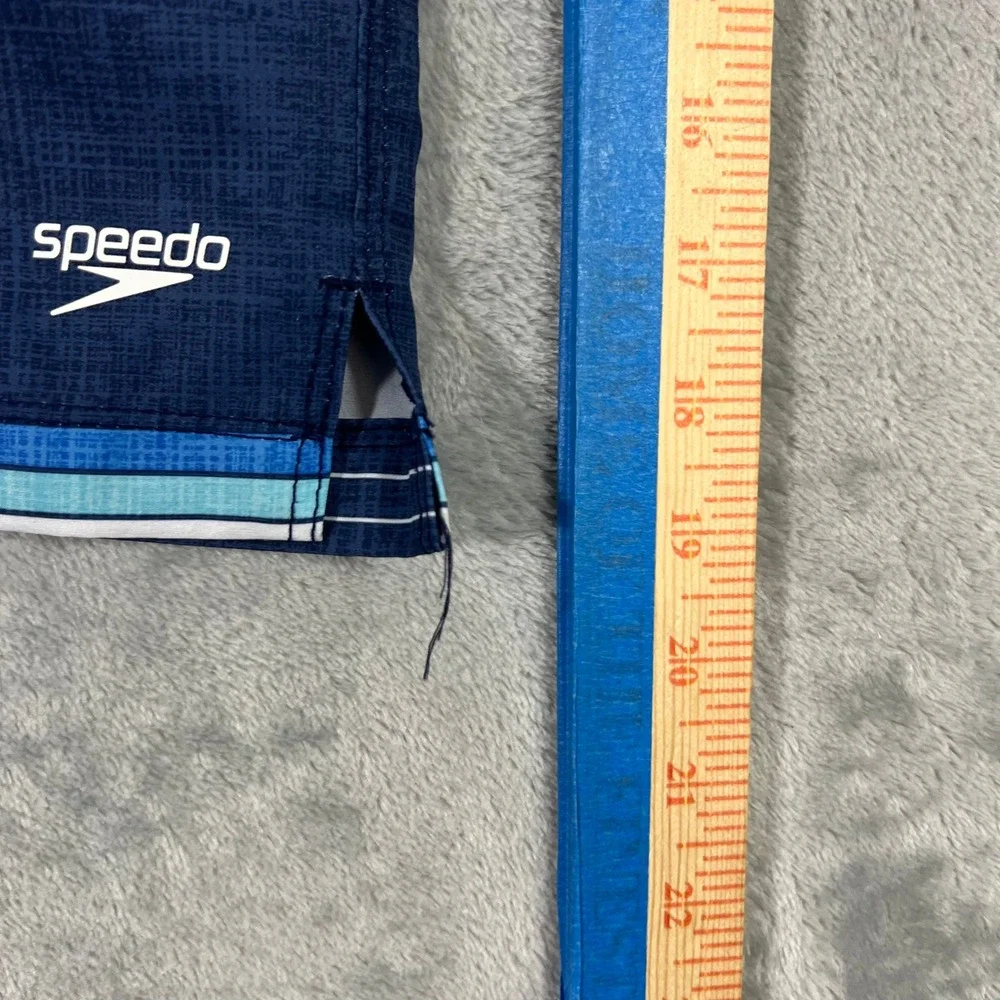 SPEEDO Swim Trunks Mens Large Blue Striped Board Shorts 7778275 Stretch